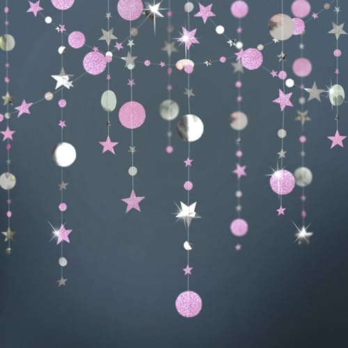 Ainmto Guirlande en Papier Pailleté Rose et Argenté,Décoration en Papier Rond Etoile pour Les Fêtes (4M x 4Pièces)