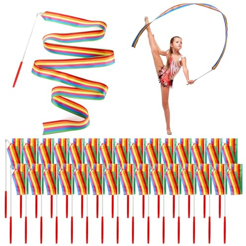 Jucoan 30 Pack Dance Ribbons for Kid, 6.6 Ft Rhythmic Gymnastics Dancing Wands, Rainbow Kid Birthday Party Favor Supplies, Gymnastics Easter Goodie Bag Baskets Stuffers for Girls