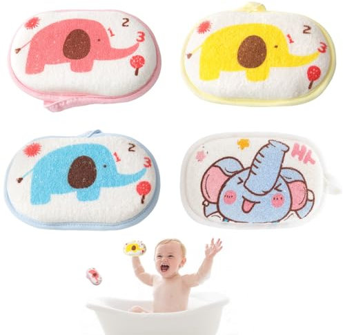 Waschlappen Baby Badeschwamm,Badeschwamm für Babys,Badeschwamm Kinder,Baby Wasch Schwamm,Schwamm Wasch Pads für Babys,Karikatur Waschschwamm für Fröhlichen Badespaß,Wiederverwendbar Supersoft,4 Stück
