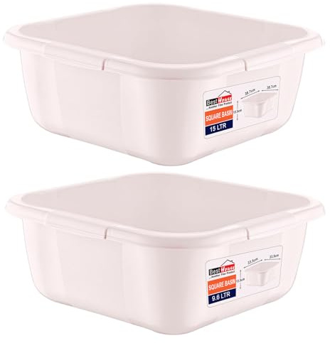 Best House | Plastic Washing up Bowl Basin | 15 Litres | Square | WHITE | 2 PCS | Multipurpose Bath Tub/Washing Tub for Kitchen, Bathroom, and Household Use (Pack of 2)