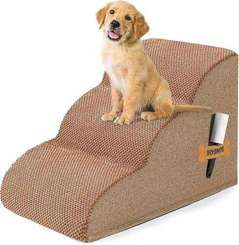 ROMROL Dog Stairs for Small Dogs, 3-Step Non-Slip Pet Ramp for Bed & Sofa – High-Density Foam, Removable Washable Cover – Soft Dog Steps for Puppies, Senior Dogs & Cats, 58x38x38cm, Brown
