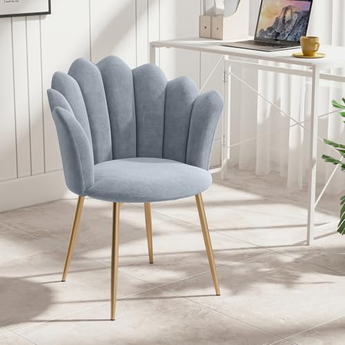 Luxstein Chaise de Coiffeuse, Fauteuil en Tissu Peluche avec Pieds Métalliques Dorés, Chaise Rembourrée pour Salon, Fauteuil Lounge Confortable, 62 x 56 x 79cm, Gris
