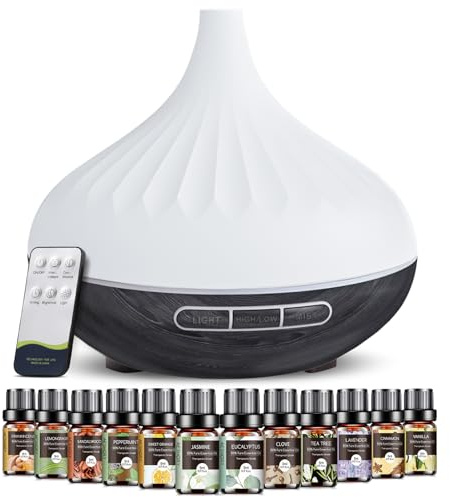 Aeshory Difusor Aceites Esenciales para Humidificador, Difusor Aromaterapia con 12 X 5ml Aceites Esenciales, Ambientadores de Hogar con Control Remoto, LED de 7 Colores y Temporización, Regalos Mujer