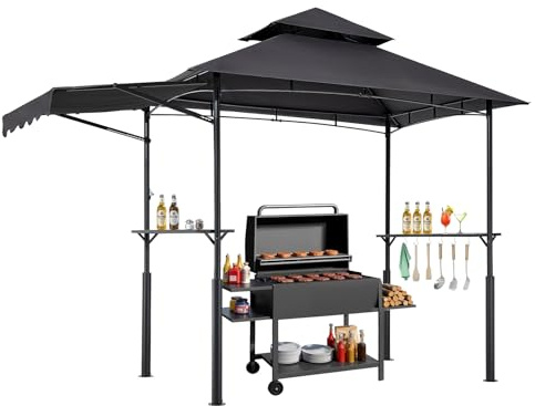 VEVOR Gazebo para Barbacoa, Refugio Reforzado para Barbacoa con Recubrimiento en Polvo 243 x 150 x 250 cm con Techo de 2 Niveles, 2 Estantes Laterales, Ganchos y Toldo Adicional para Patio, Jardín