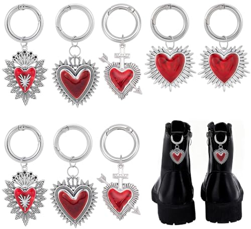 BEAMARKER 8 pièce 4 Styles Breloques de Chaussures en Forme de Cœur Décorations de Bottes Gothiques Punk Pendentifs en Alliage avec Anneaux à Ressort pour Chaussures Sacs Porte Monnaie Accessoires de