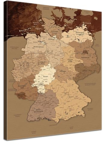 LANA KK - Premium Pinnwand Deutschlandkarte - Antik - Deutsch - in 70 x 100 cm, stabile Rückwand zum Pinnen inkl. Starterkit - Leinwand-Kunstdruck Wandbild Landkarte XXL