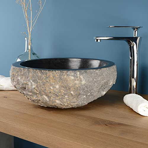 wohnfreuden Marmor Waschbecken schwarz rund 40 cm - Unikat Stein Aufsatzwaschbecken innen poliert außen gehämmert für das Badezimmer - Naturstein Waschschale für Gäste-WC