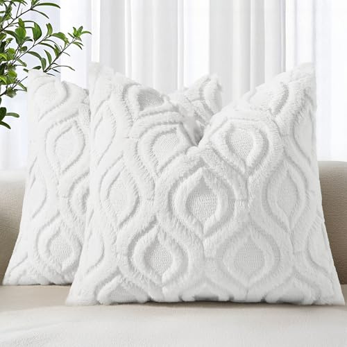decorUhome Juego de 2 Fundas de cojín de Piel sintética de 45 x 45 cm, Fundas Decorativas de Terciopelo Suave y Esponjoso, Funda de cojín Cuadrada Bohemia Neutra para sofá, Color Blanco