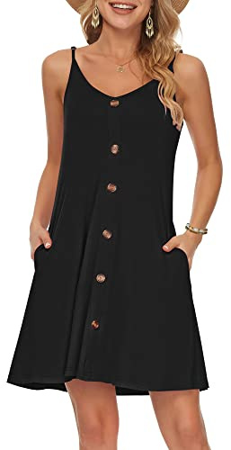 WNEEDU Vestido Mujer Verano Playa Correa Vestidos Corto Cuello en V Casual con Bolsillos Negra L