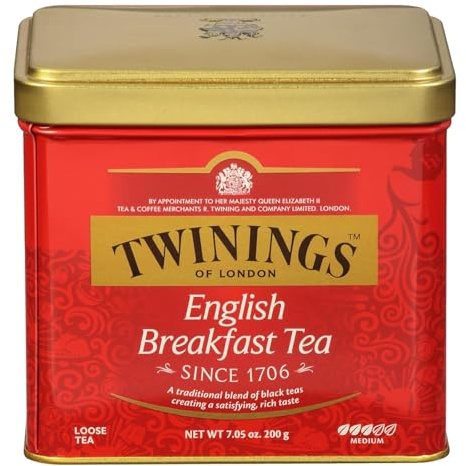 Twinings English Breakfast Loose Tea Tin, 7.05 Ounce Tin (Pack of 1), Smooth, Flavourful, Robust Black Tea Leaves, Caffeinated, Enjoy Hot or Iced