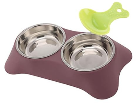 Double Dog Bowl,Non Slip Non-spill Stainless Steel Double Bowl with 1 Pet Food Spoop For Small Dogs and Cats (Purple Red, M)