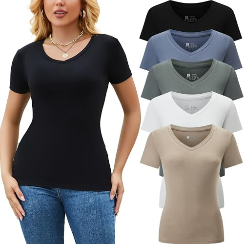 Vomidia 5 Pack Womens T Shirts Short Sleeve Basic Tees V Neck Fashion Tops Slim Fit Casual Summer Outfits Clothes 2026
