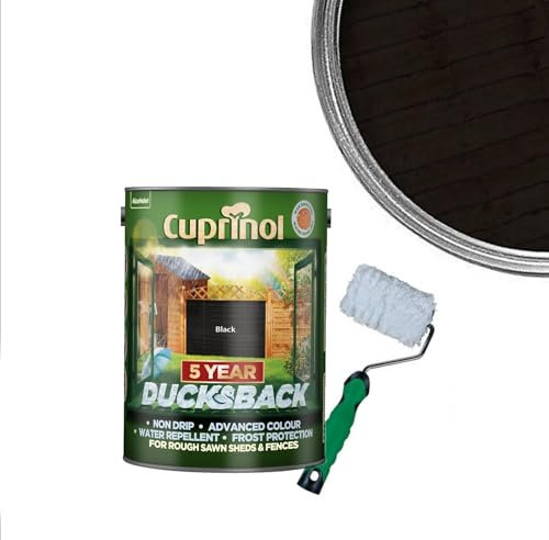 WALLPAPER EMPIRE Cuprinol Ducksback- Silver Copse : Shed & Fence Paint 5 Litre| Non Drip, Water Repellent and Frost Defence. Protection for 5 Years. Includes 4 Shed,Fence And Decking Roller (BLACK)