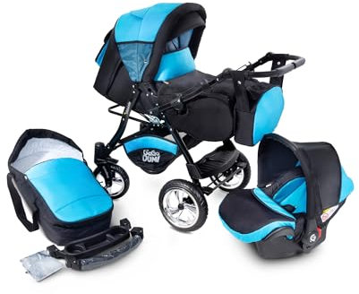 GaGaDumi Urbano Kinderwagen 3 in 1 Komplettset mit Autositz - Baby Stroller 3 in 1 TÜV - Kombikinderwagen 3 in 1 Komplettset Voll-Gummireifen - Blau Schwarz
