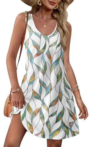 Yeenily Vestito Donna Estivo Senza Maniche Copricostume Abito Scollo a V Elegante Stampa Casual Abiti Corto Mare Prendisole con Tasche (Colore 1, XXL)