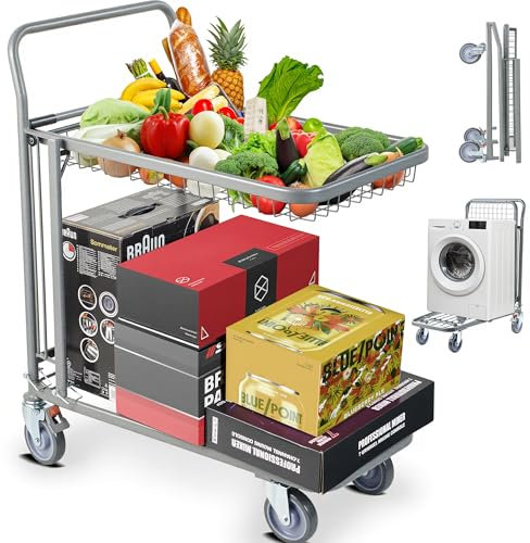 Osluken Carretilla de mano convertible 2 en 1 de metal de 2 niveles con plataforma resistente | Carro de plataforma plana, carrito plegable de 700 libras de capacidad para compras de comestibles con