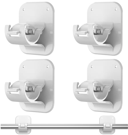 No Drill Curtain Rod Brackets - 20LB, 4 Pack Self Adhesive Curtain Rod Holder, Peel and Stick Wall Hooks, Renter Friendly Upgrades for Apartment, Kitchen, Bathroom, Dorm, Living Room and RV