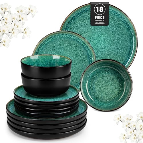 Geschirrset 6 Personen, vancasso PLAYA Steingut Geschirr set 18tlg für 6 Personen, Grün Tafelservice mit Teller set, Schalen & Salattellern, Spülmaschinenfest, Mikrowellengeeignet