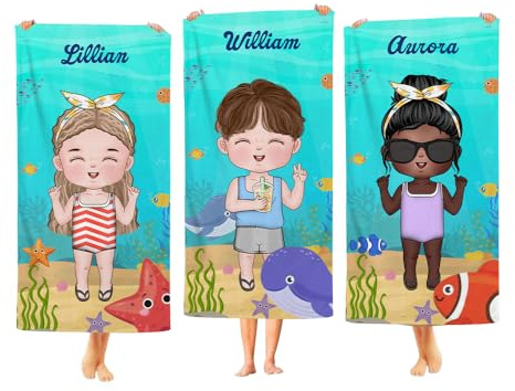 BYFDIY Asciugamano da spiaggia personalizzato con personaggio dei cartoni animati a tema marino oversize ad asciugatura rapida con nome compleanno vacanze estive accessori regalo per ragazzi ragazze