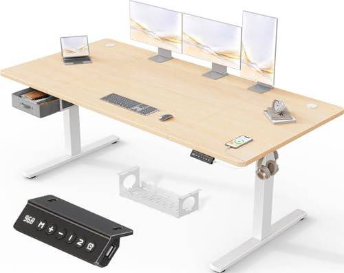 Devoko Scrivania Elettrica Regolabile In Altezza 180 x 80 cm, Ufficio 4 Sezioni Con Funzione Di Memoria, Cassetti, Porte Usb E Sistema Di Gestione Cavi, Beige