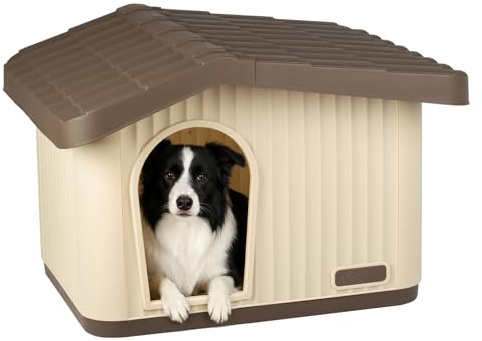 VOUNOT® Dog House, Weatherproof Pet Shelter with Sloped Roof, Durable Kennel with Non-Slip Feet for Indoor & Outdoor Use, 75×63×51cm, Beige