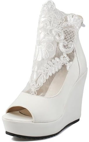 LarDorLin Bride Peep Toe Verano Tacón Alto de Cuña Botas Cortas Elegante Boda Plataforma Encaje Flor Mesh Botín Zip Blanco Talla 44 EU (46 CN)