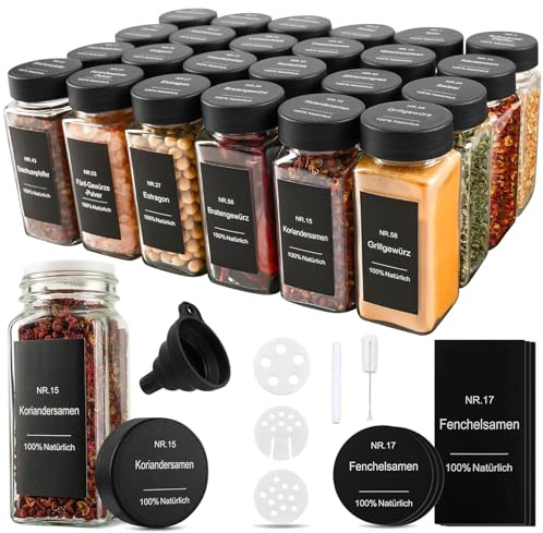 Sitbfoam Barattoli per spezie con inserto per spargere 24 x 120 ml + 192 etichette impermeabili – Barattoli ermetici per spezie rettangolari – Spice Jars Set – Contenitori per spezie vuoti