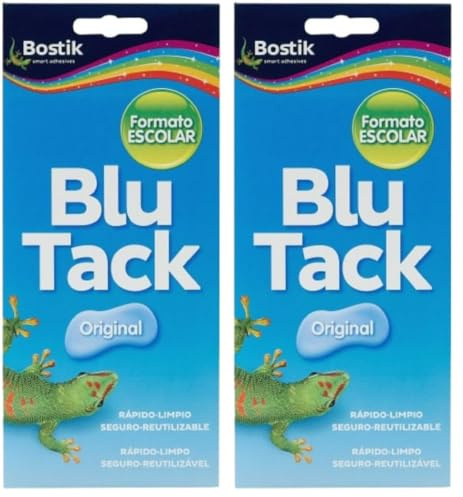 BOSTIK Blu Tack Original Azul, Formato Escolar, Masilla Adhesiva, Moldeable y Reutilizable, Fijación de Objetos, Limpia, Segura y Fácil de Usar, Sustituye Chinchetas y Cintas Adhesivas, Sobre 90 g