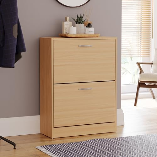 Vida Designs Shoe Cabinet, Wooden Shoe Storage Unit with 2 Pull-Down Drawers, Multifunctional Dust-Proof Space-Saving Slim Cupboard for Hallway or Entryway (Pine)