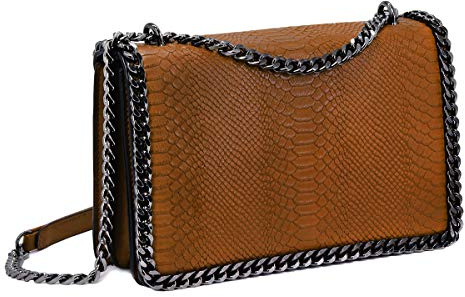 CRAZYCHIC - Bolso Serpiente Mujer - Bolso Bandolera Cadena Acolchado Piel Pitón Cuero PU Señora - Grande Mensajero Clutch Pochette Crossbody Bag - Bolso Cruzado Embrague Elegante - Marrón Camel