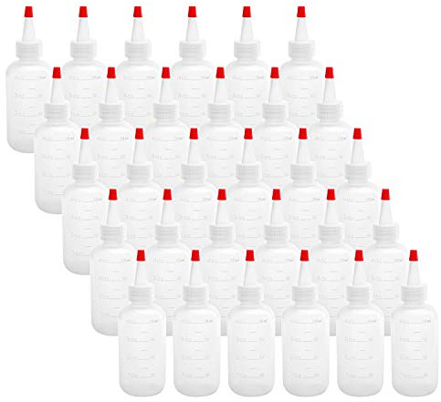 Hedume 30 Pack 4-Ounce Plastic Squeeze Bottles with Red Tip Cap and Measurement - BPA-Free, Latex-Free, Food-Grade - Good for Crafts, Art, Glue, Sauces, Ketchup, BBQ