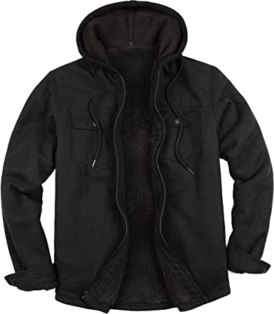 ZENTHACE Men's Sherpa Lined Full Zip Hooded Plaid Shirt Jacket Black S