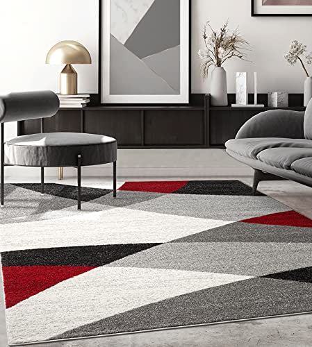 the carpet Pearl Moderner Dichter Kurzflor Wohnzimmer Schlafzimmer Teppich, Konturenschnitt, Geometrische Muster, Wellenmuster, Grau Rot, 120 x 160 cm