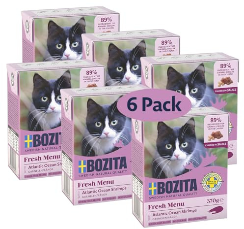 Bozita Tetra Nourriture Humide avec crevettes en Sauce – 6 x 370 g de Nourriture pour Chat de qualité supérieure sans céréales ni Sucre – avec 7,5% de protéines, 5% de matières Grasses – Complète