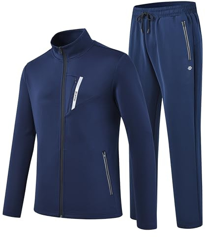 MoFiz Mens Casual Tracksuit Set 2 Pieces Athletic Sweat Suits Long Sleeve Full Zip Workout Running Joggers Sports Set with Zipper Pockets Navy Tag US L
