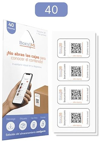 Boxymi etiquetas QR identificativas para mudanzas, organización, almacenamiento y seguimiento de inventario (pack 40)