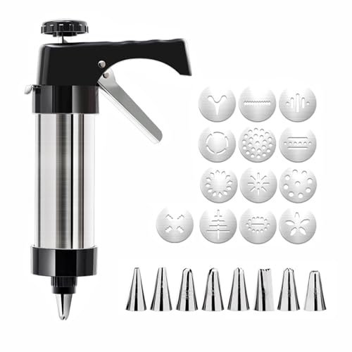 LSRVNM Stainless Steel Cookie Press Gun Kit, Cake Icing Decorating Set, Biscuit Maker Gun with 13 Discs & 8 Nozzles, Cookie Press Pump Machine Biscuit Maker Set
