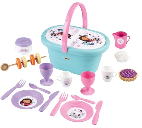 Smoby- La Casa de Muñecas de Gabby Cesta de Picnic - con 2 Juegos de Vajilla, Pegatinas, Jarra de Leche, Azucarero, hasta 21 Accesorios, A Partir de 3 años (7600312506)