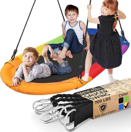SereneLife Giant Platform Oval Swing - 65” Glider Kids Outdoor Backyard Tree Playhouse, Outdoor Swing Set with Cushion Padded Seat, Heavy-Duty Swing Rope & Hanging Kit, Supports up to 700 lbs