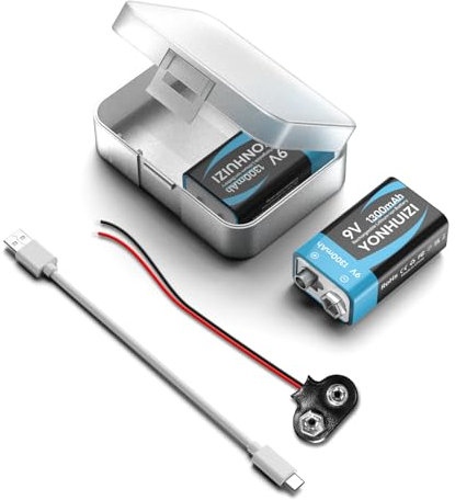 Baterías recargables de 9 V, batería de iones de litio de 1300 mAh 9 V+cable de carga USB-C + clip de batería de 9 V con caja de almacenamiento para detector de humo, experimento escolar u otros