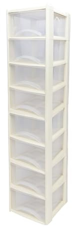Neat. 8 Plastic Storage Drawers Unit with See-Through Drawers, Compact Vertical Design – Durable Plastic, Ideal for Organizing Office Crafts, and Household Items, 160cm x L39cm x W39cm -Cream