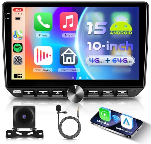 VECHTEL 4G+64G Android 15 Bilradio 2 Din med trådlös Android Auto Carplay, 10 tums pekskärm bilstereo, stöd Bluetooth 5.0 FM-radio RDS GPS Wi-Fi-länk spegellänk USB/typ-C-kamera