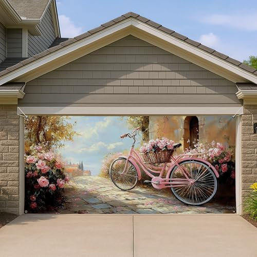 Grande housse de porte de garage vintage à motif floral pêche pour porte de garage, décoration de porte de garage romantique pour extérieur, printemps, toile de fond 397 x 180 cm