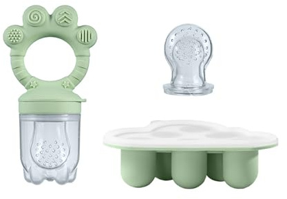 Baby Fruchtsauger & Schnuller mit Eisform Set - Silikon Nahrungsschnuller Babynahrung Aufbewahrung mit Beißring, Fruchtschnuller für Obst & Gemüse, Eiswürfelform mit Deckel (A, 12X8.5X4.3CM)