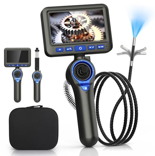 Endoscopio Cámara de Inspección 6,25mm Borescopio con Pantalla IPS 5 Pulgadas y Endoscopio para Móvil, Cámara Endoscópica para Tuberías IP67 Impermeable, Articulación 360° Cabezal Móvil para Coche