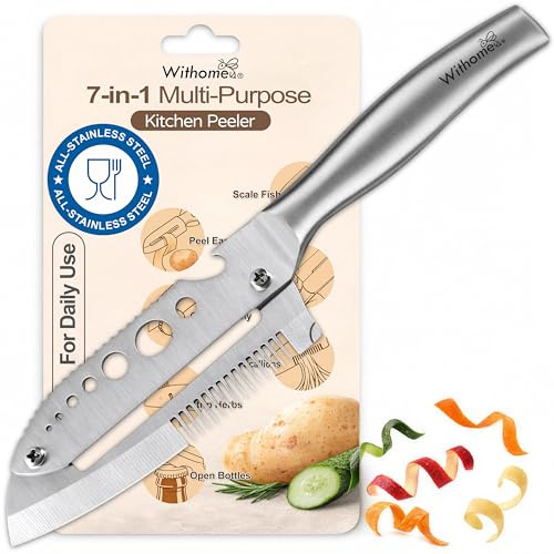 Withome Pelapatate e Pelaverdure 7 in 1 in Acciaio Inox per Cucina, Pela Patate e Verdure con Spelafoglie per Erbe, Squamatore per Pesce, Solleva-Coperchio, Apribottiglie, Destrimani