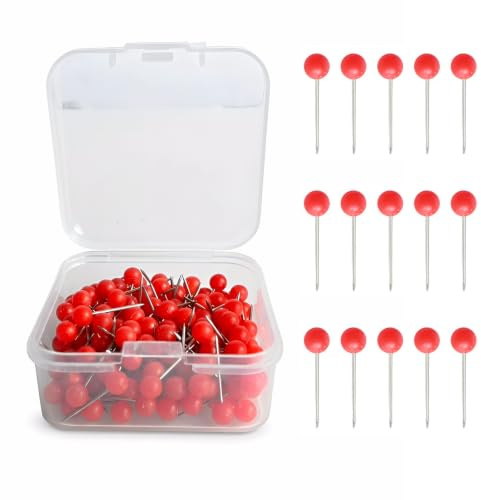 200 Pcs Drawing Pins for Cork Board, Round Head Map Pins Push Pins with Storage Box, Stainless Steel Thumb Tacks for Wall, Map, Photos, Bulletin Board, Home Office School Supplies - Red
