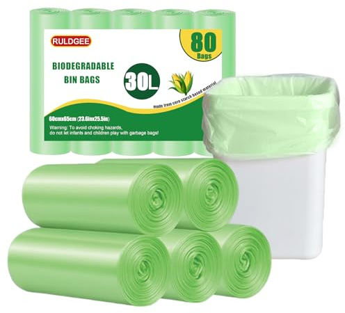 RULDGEE Sacchetti biodegradabili per rifiuti alimentari compostabili da 30 litri, 80 sacchetti verdi, riciclati ispessiti, biodegradabili, per la cucina