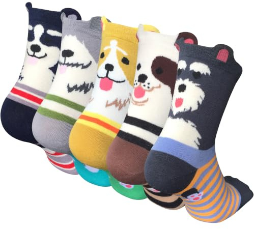 Womens Socks Ladies Breathable Soft Cotton Crew Cute Dog Animal Patterned Novelty Festive Sock Birthday Christmas Holiday Gifts for Women Multicolour Daily Wear Socks Womens UK 4-7 （5 Pairs）