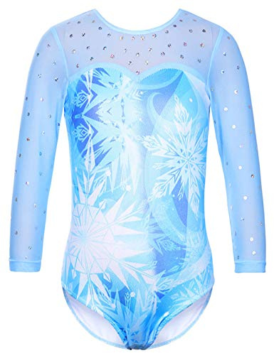 TFJH E Girls Gymnastic Leotards 3/4 Sleeve Mesh Practice Outfits size 5-6, SnowflakeBlue 6A